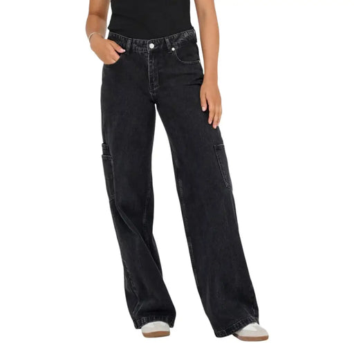 Black cotton blend wide-leg jeans for women with cargo pockets and a faded distressed finish