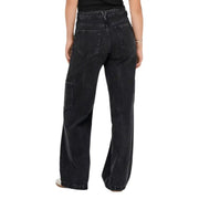 Black cotton blend wide-leg jeans for women with faded wash and cargo pockets in denim fabric