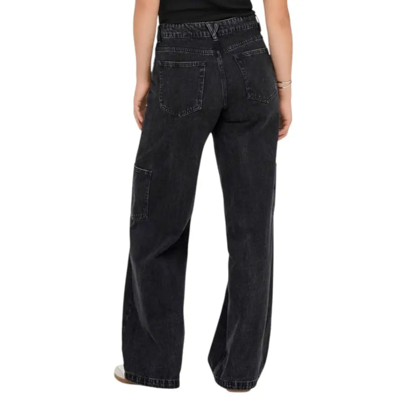 Black cotton blend wide-leg jeans for women with faded wash and cargo pockets in denim fabric