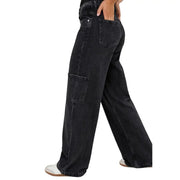 Black cotton blend jeans for women featuring wide-leg relaxed fit and cargo-style pockets in black denim
