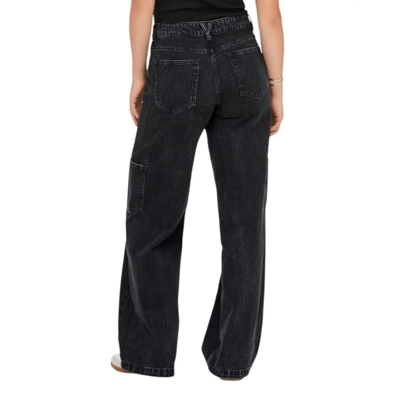 Black cotton blend wide-leg jeans for women with faded wash and cargo pockets in denim fabric