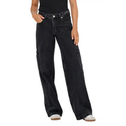 Black wide-leg cotton blend womens jeans with cargo pockets and distressed finish