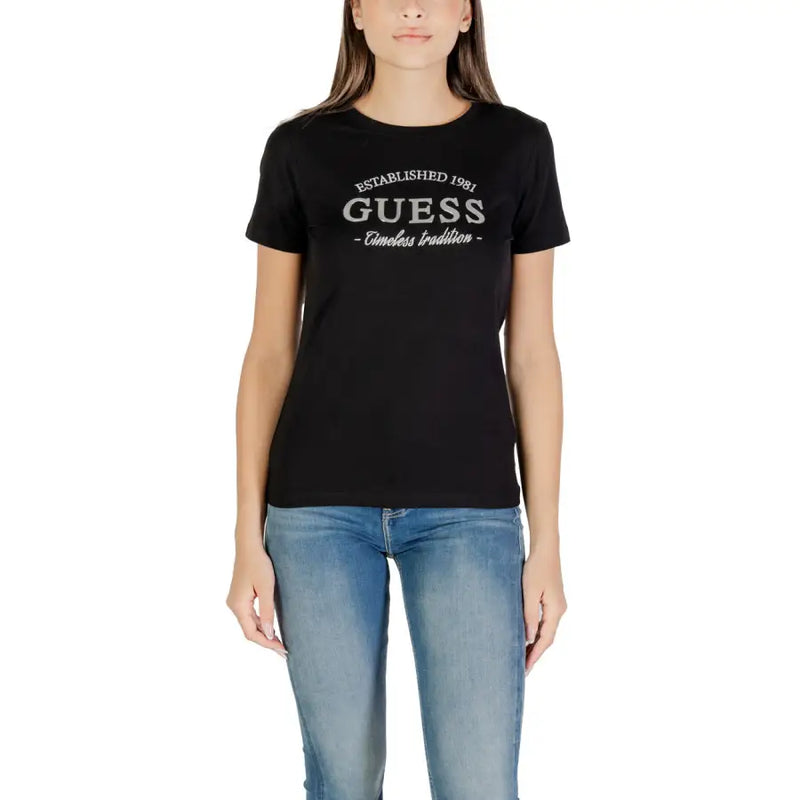 Black cotton crew-neck short sleeve T-shirt from Guess Active Women collection