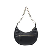 Black crescent-shaped purse with silver chain strap and Gold Logo design