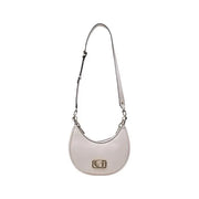 Pale pink crescent-shaped shoulder bag with chain strap and gold logo for elegant style