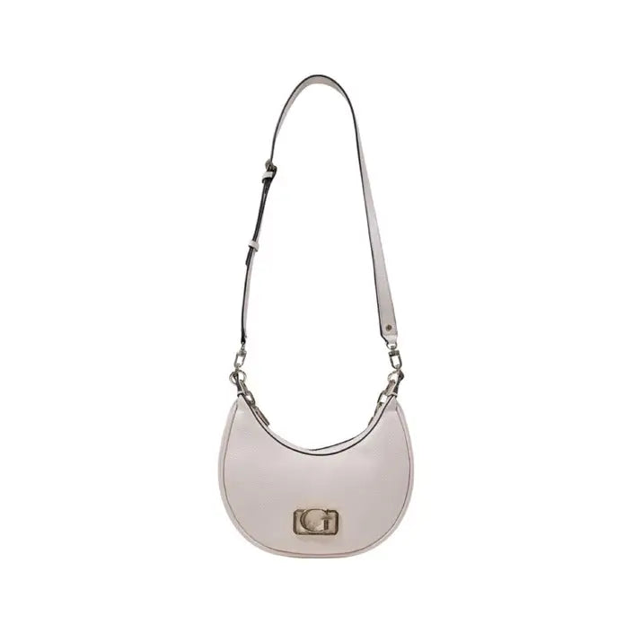 Pale pink crescent-shaped shoulder bag with chain strap and gold logo for elegant style