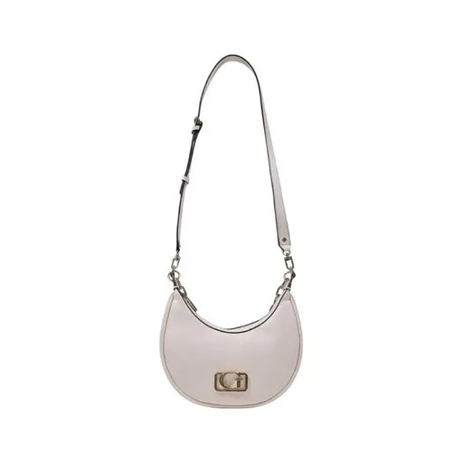 Pale pink crescent-shaped shoulder bag with chain strap and gold logo for elegant style