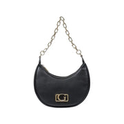 Black crescent-shaped purse with chain strap and gold logo for elegant accessory