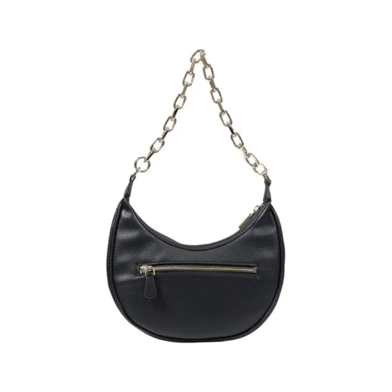 Black crescent-shaped purse with silver chain strap and Gold Logo design