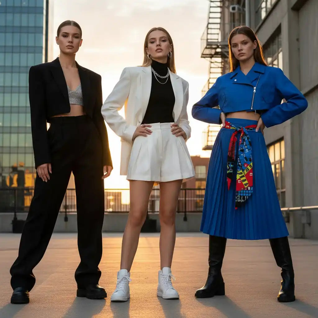 Three women in stylish outfits standing in an urban setting.