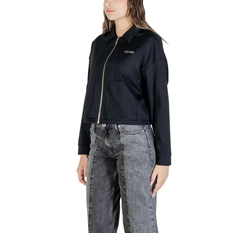Black cropped zip-up jacket with collar from Guess Active Women Classic Zip Sweatshirt collection