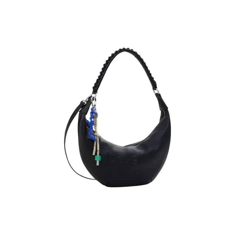 Black crescent-shaped Desigual polyurethane shoulder handbag with braided strap and colorful charm