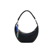 Black crescent-shaped shoulder bag with braided strap and colorful cord charms