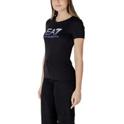 Black ea7 emporio armani women’s short-sleeved cotton t-shirt with bold logo print across the chest