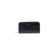 Black embossed leather zippered wallet featuring a sleek, stylish design and durable craftsmanship