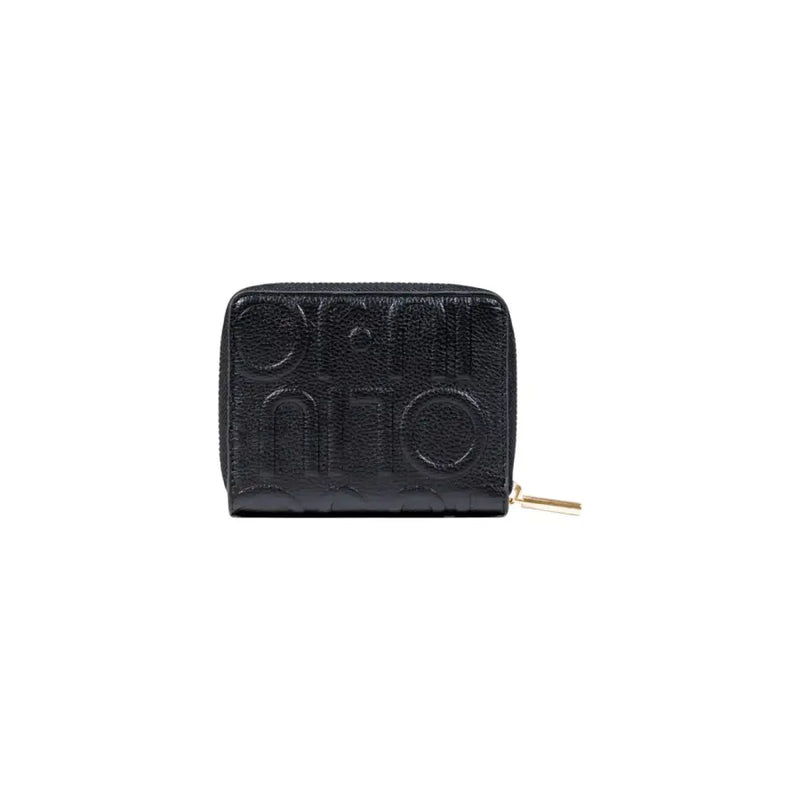 Black embossed zip-around wallet with sleek design and secure closure