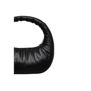 Black faux leather puffy shoulder bag displayed with stylish design and versatile use