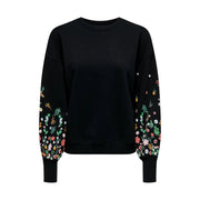 Black floral round neck sweatshirt for women with embroidered sleeves