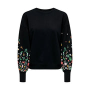 Black floral round neck sweatshirt for women with colorful floral embroidery along the sleeves