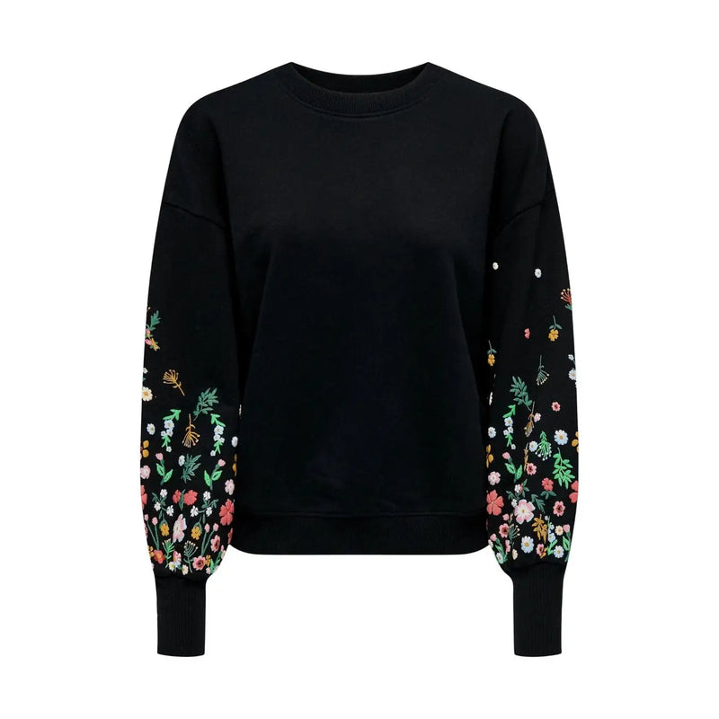 Black floral round neck sweatshirt for women with colorful floral embroidery along the sleeves