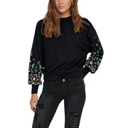 Black floral round neck sweatshirt for women with colorful floral embroidery on the sleeves in black fabric