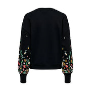 Black floral round neck sweatshirt for women with colorful floral embroidery and white bead accents on sleeves and shoulders
