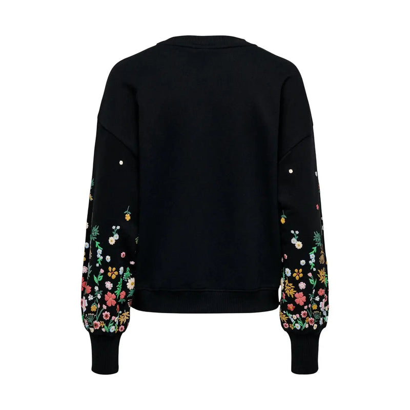 Black floral round neck sweatshirt for women with colorful floral embroidery and white bead accents on sleeves and shoulders