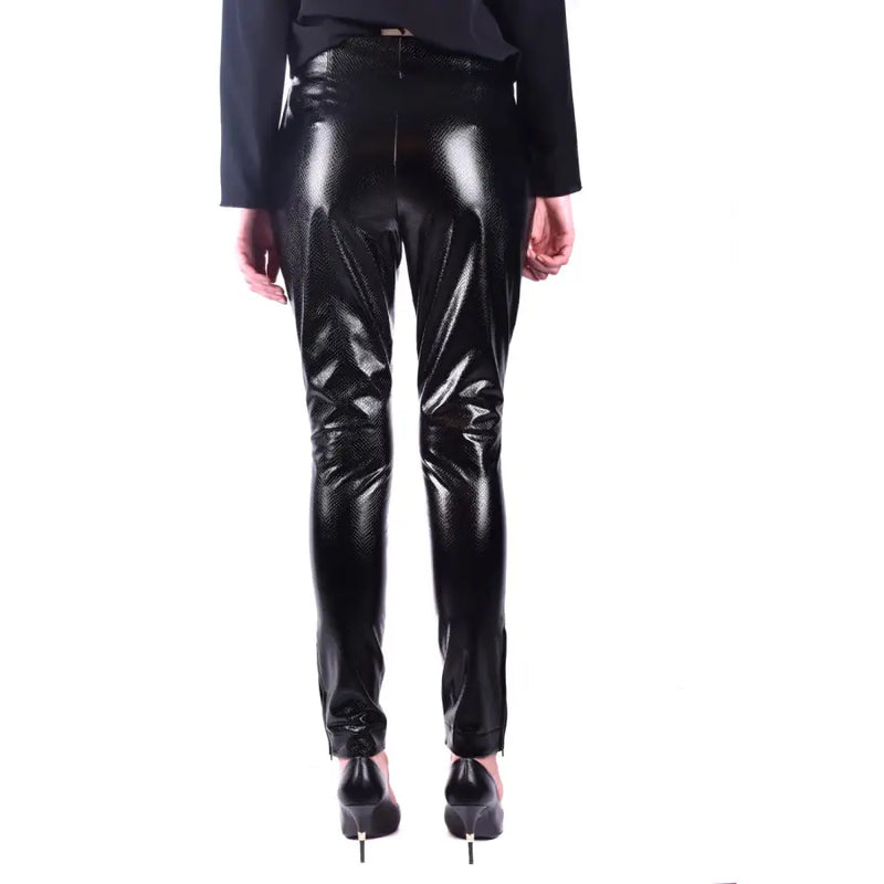 Black glossy viscose leggings by Twinset women featuring slim fit snakeskin-patterned faux leather pants