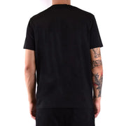 Black short-sleeved crew neck graphic tee shirt with subtle fabric texture and patterned pocket for casual wear