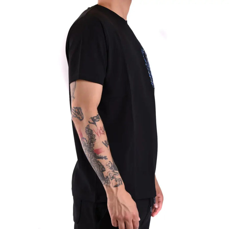 Black short-sleeved graphic tee shirt with blue sequined patterned pocket on the chest for casual wear