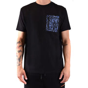 Black graphic tee shirt featuring a glittering blue and silver starry patch on the left chest pocket