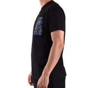 Black short-sleeved graphic tee shirt featuring a sparkling blue sequined patch on the chest pocket