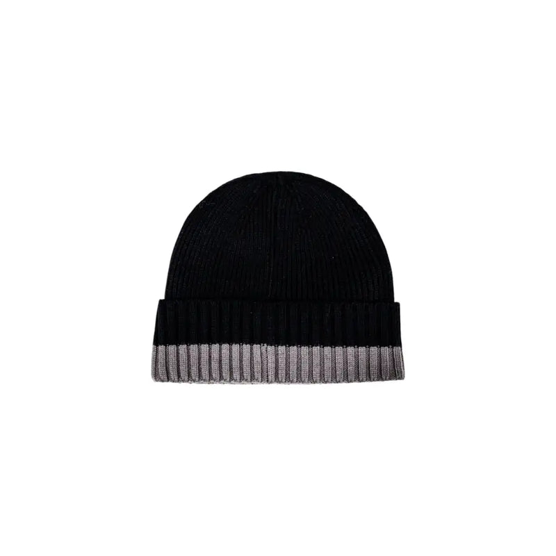 Black and gray knit beanie hat displayed in the Black and Gray Knit Beanie product image