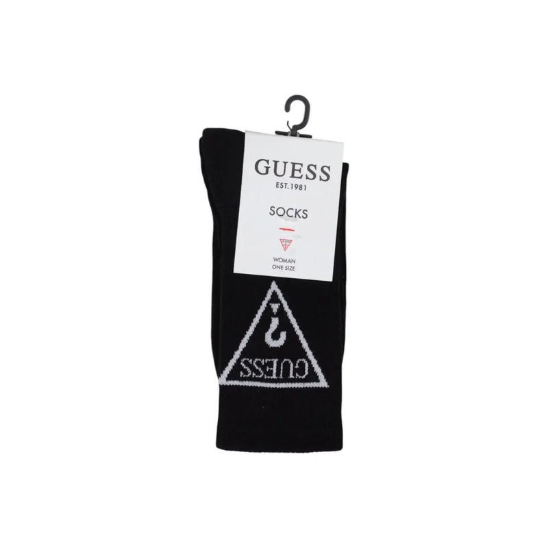 Black Guess sock in black featuring a white triangular logo with brand name and hook symbol displayed on a hanger