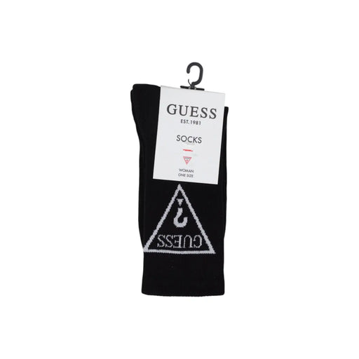 Black Guess sock in black featuring a white triangular logo with brand name and hook symbol displayed on a hanger