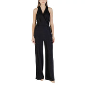 Black sleeveless halter-neck wide-leg jumpsuit displayed in a fashion product image