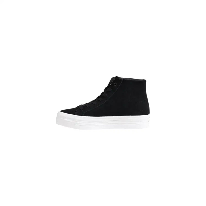 Black suede high top sneaker with white platform sole featuring a sleek design for casual wear