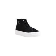 Black high top sneaker with white platform sole and silver Calvin Klein logo on the side made of leather
