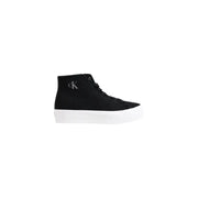 Black high top sneaker with white rubber platform sole and silver CK logo on the side