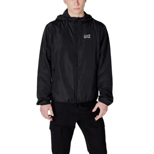 Black hooded jacket featured in EA7 Men White Blazer with zip and front pockets
