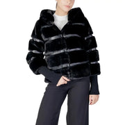 Black hooded polyester blazer for women featuring black faux fur hood with horizontal satin stripes detailing