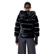 Black hooded polyester blazer for women with black faux fur hood and horizontal ribbed detailing