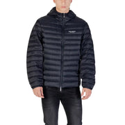 Black hooded puffer jacket in quilted design with subtle white logo on the chest for cold weather use