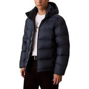Black hooded puffer jacket in dark navy with quilted design and insulated hood for cold weather protection