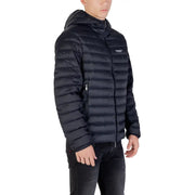Black hooded puffer jacket featuring quilted design with front zipper for warmth and comfort