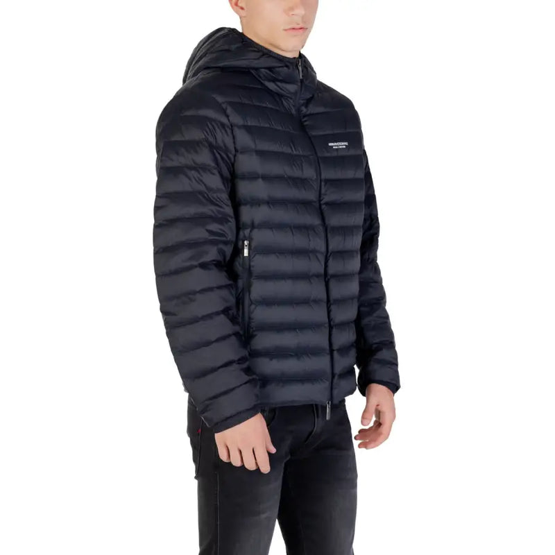 Black hooded puffer jacket displayed in product listing, suitable for cold weather