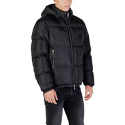 Black hooded puffer jacket displayed for stylish winter outerwear