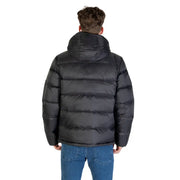 Black hooded puffer jacket displayed in a product image, suitable for cold weather