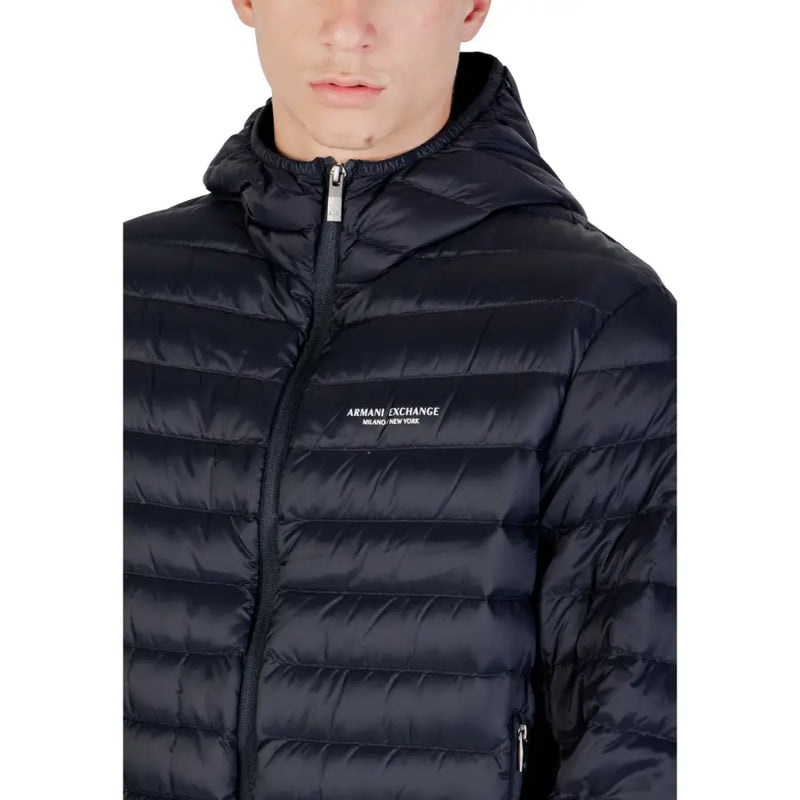 Black hooded puffer jacket with quilted design front zipper and armani exchange milano new york logo on chest