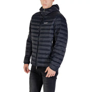 Black hooded puffer jacket with quilted design and subtle white logo on the chest for cold weather wear